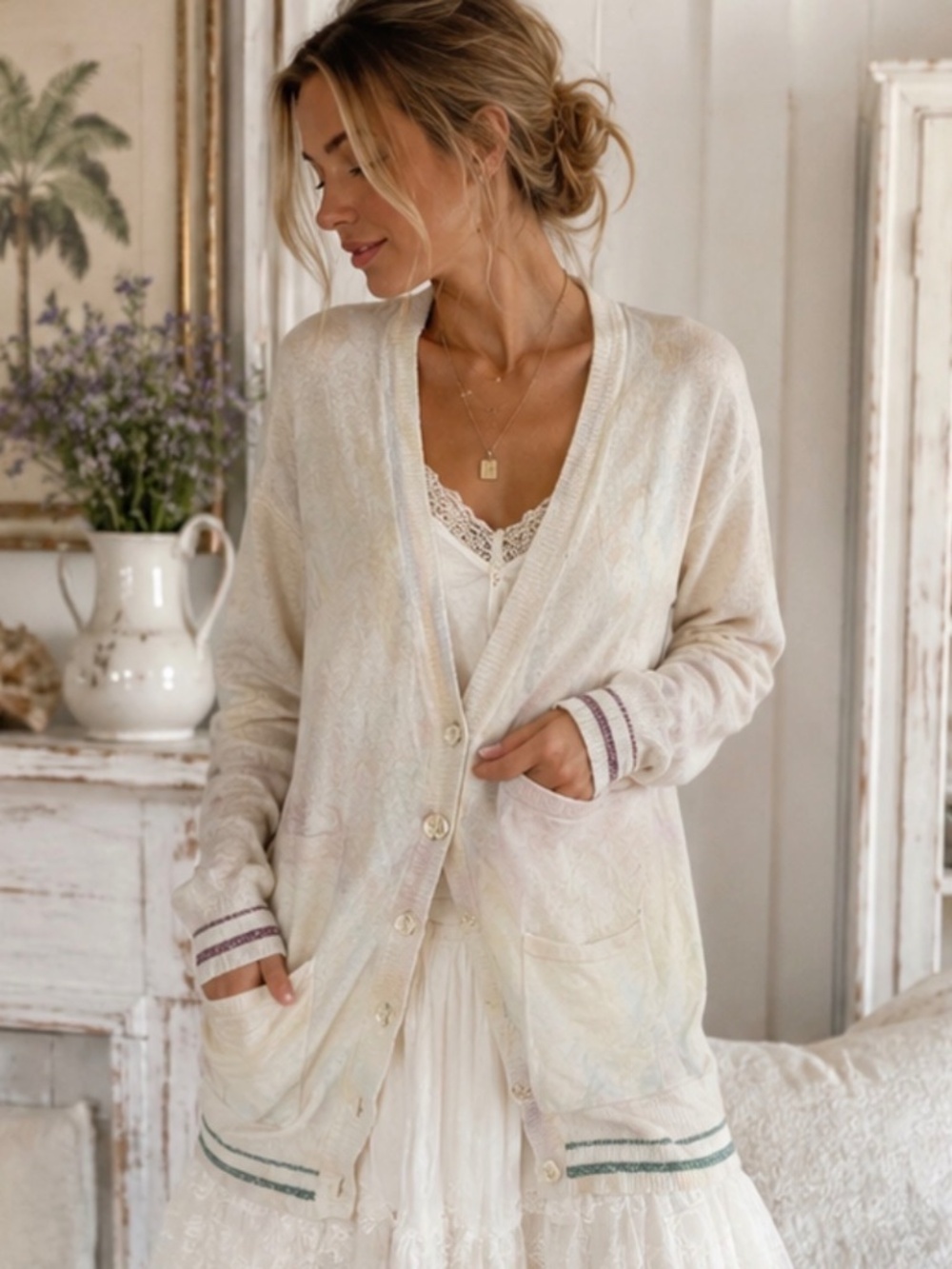 Le Superbe Cream Oversized Longline Cardigan Metallic Trim Relaxed Sweater